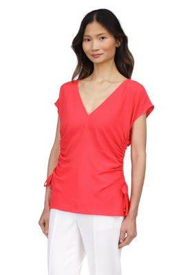 MICHAEL Michael Kors Women's Short Sleeve V-Neck Side Ruched Blouse, Pink, XL