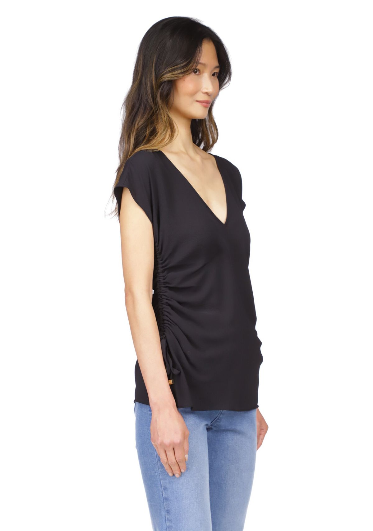 Womens Short Sleeve V-Neck Side Ruched Blouse