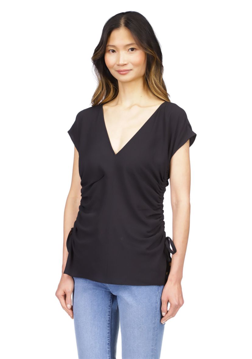 Womens Short Sleeve V-Neck Side Ruched Blouse