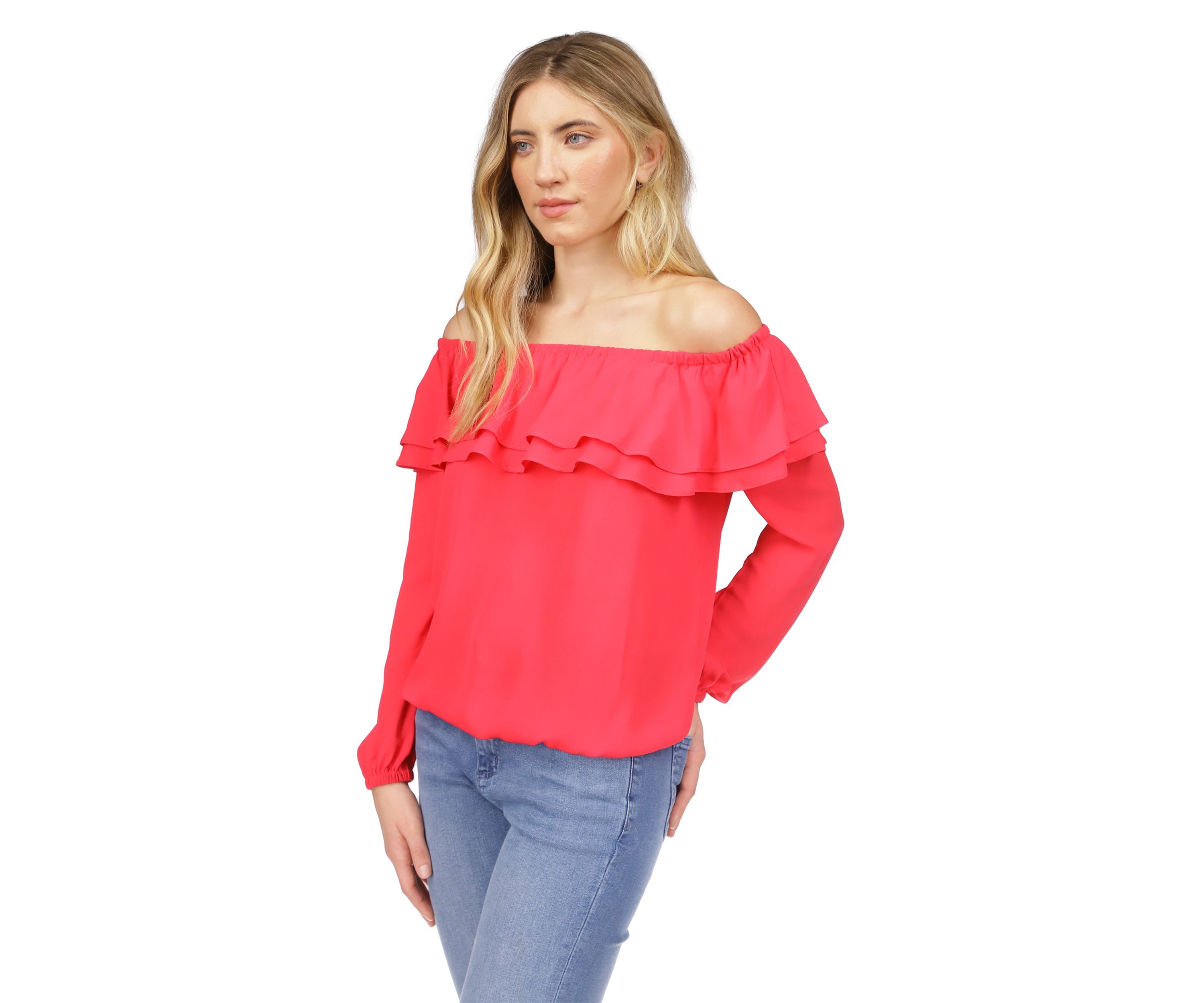 Womens Solid Ruffle Peasant Top