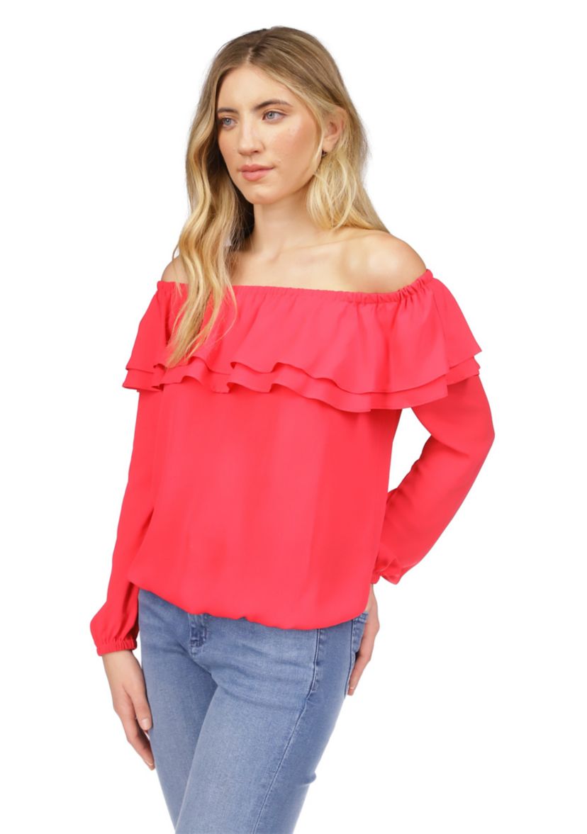 Womens Solid Ruffle Peasant Top