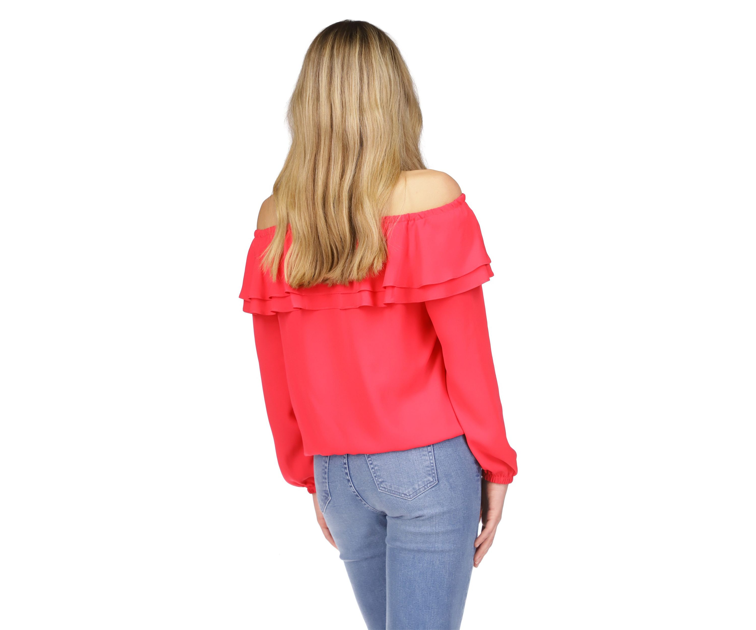 Womens Solid Ruffle Peasant Top