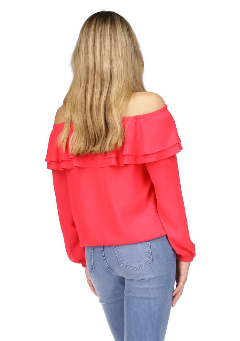 Womens Solid Ruffle Peasant Top