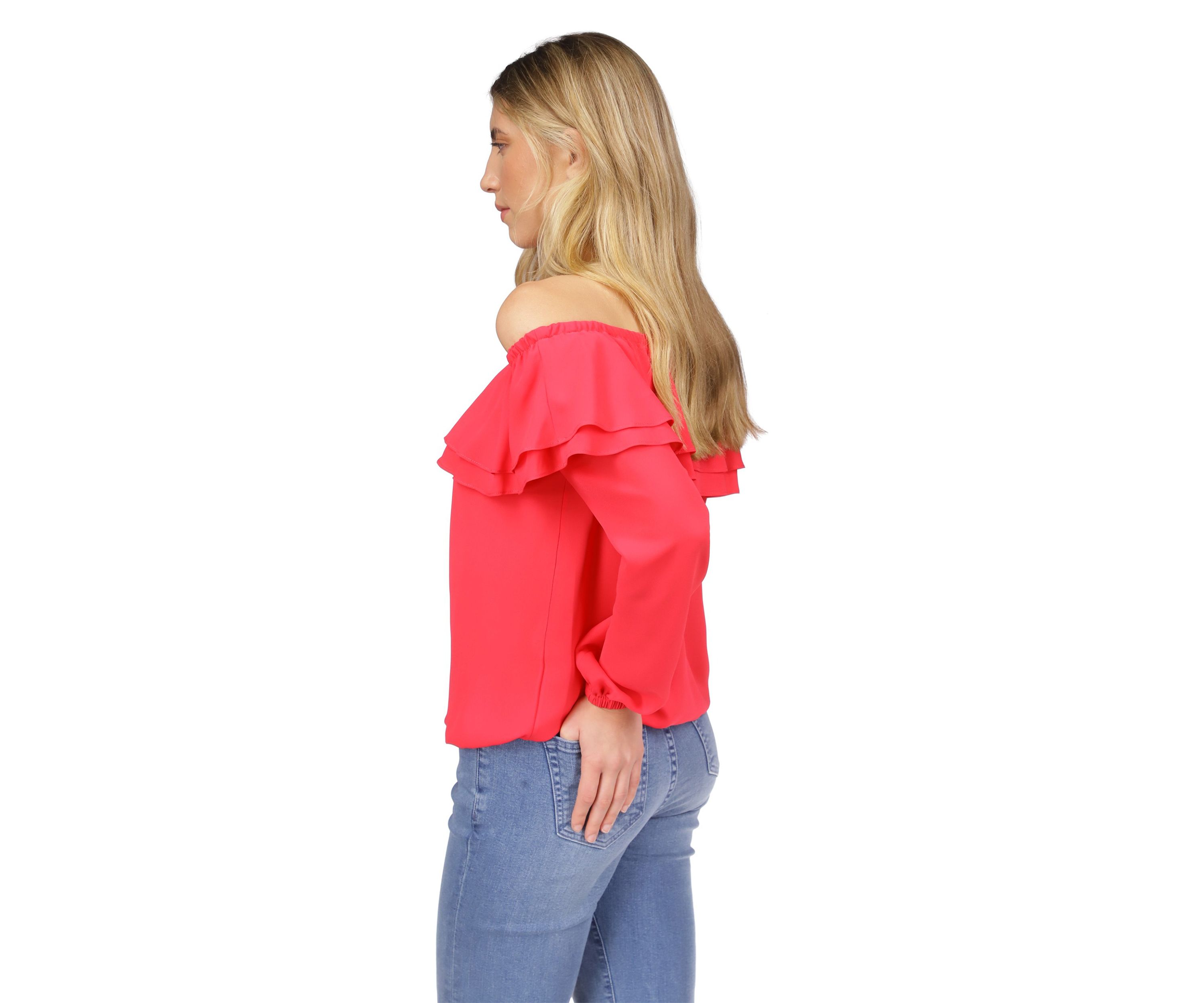 Womens Solid Ruffle Peasant Top