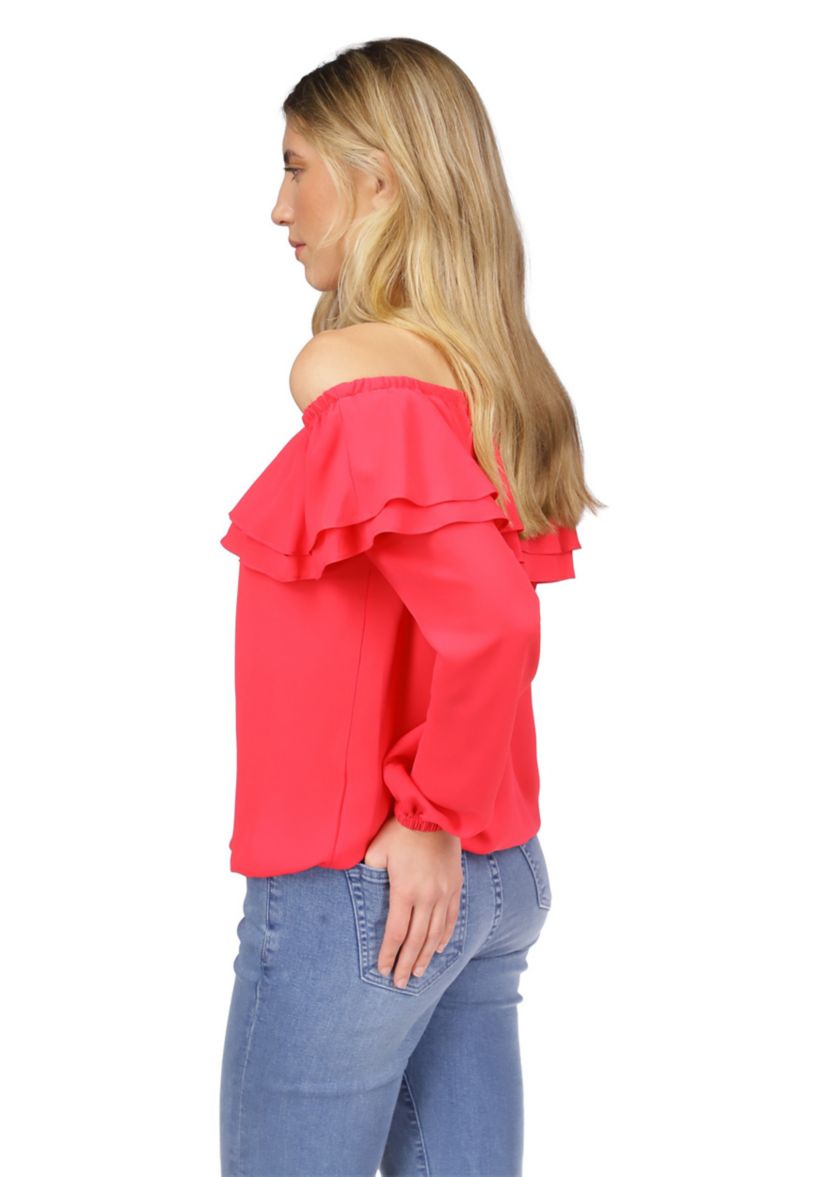 Womens Solid Ruffle Peasant Top