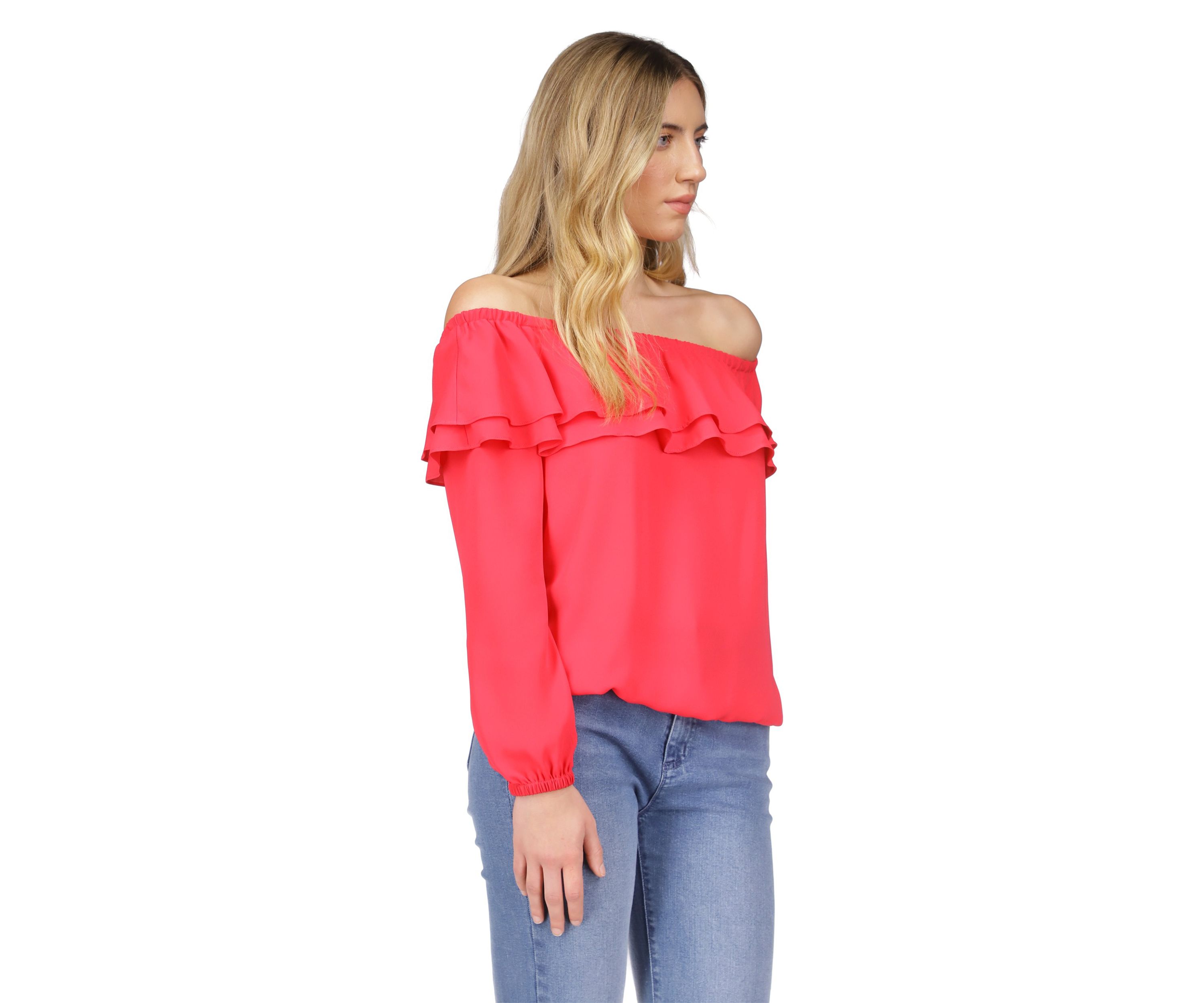 Womens Solid Ruffle Peasant Top