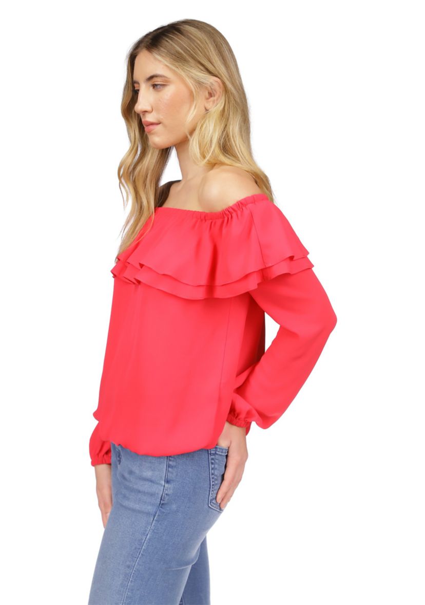 Womens Solid Ruffle Peasant Top