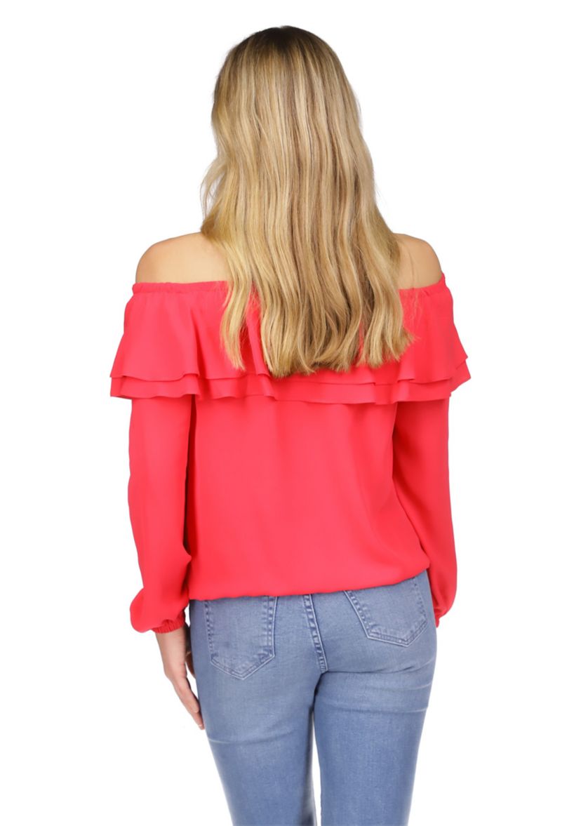 Womens Solid Ruffle Peasant Top