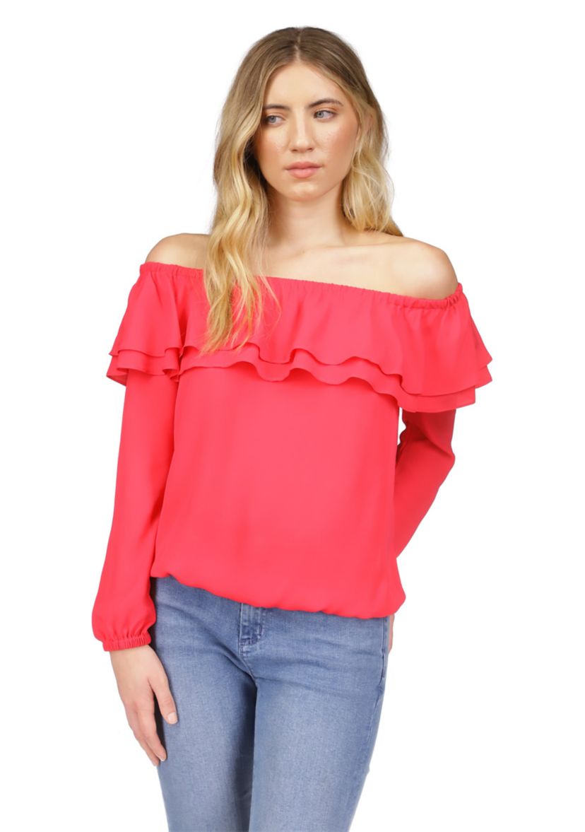Womens Solid Ruffle Peasant Top