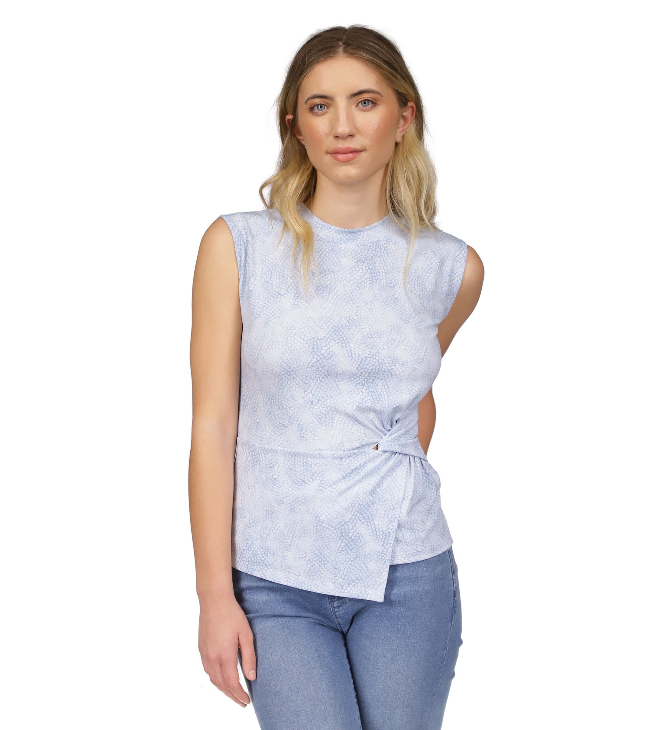 Womens Cap Sleeve Geometric Print Side Ruch Knit Top