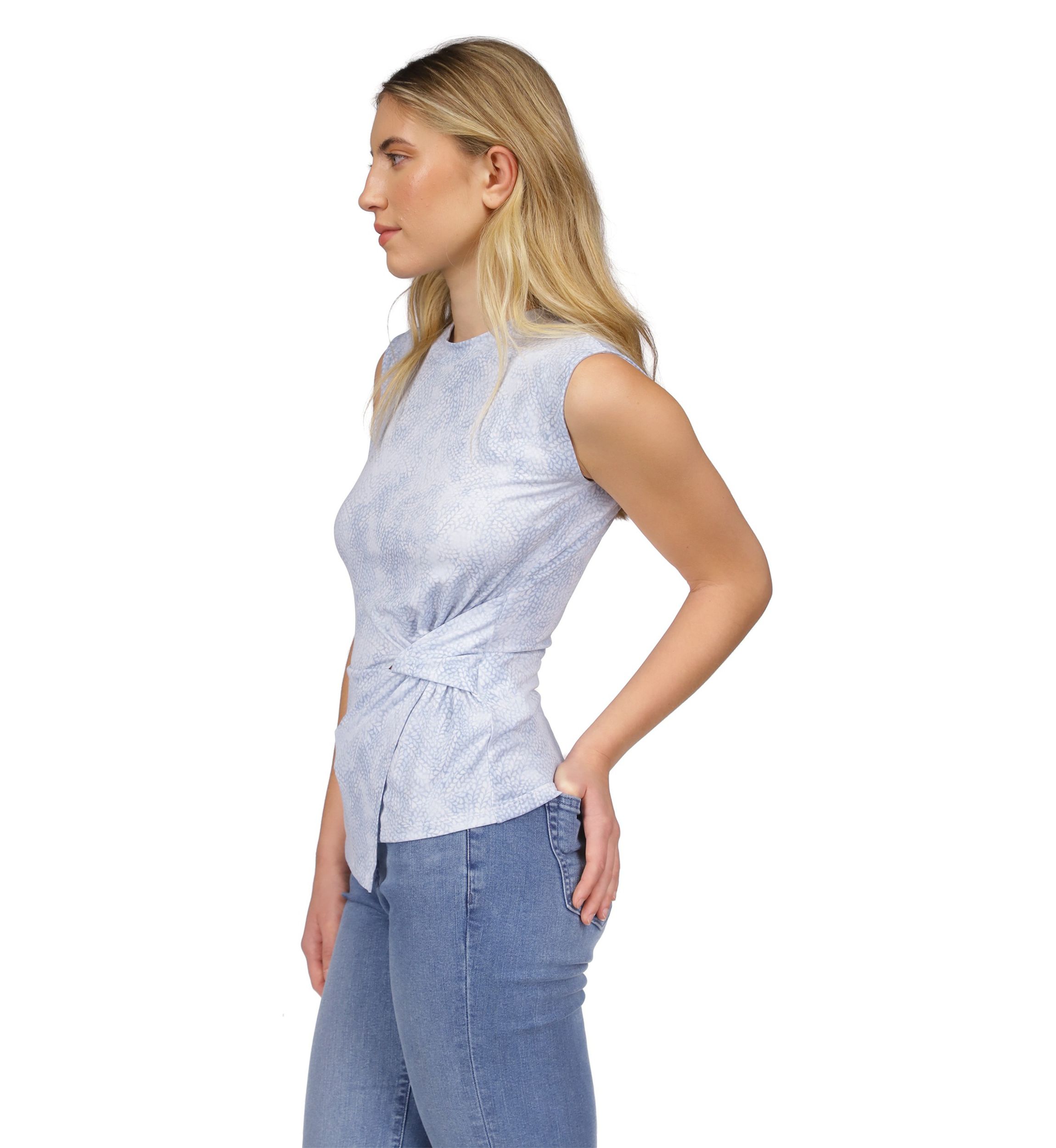 Womens Cap Sleeve Geometric Print Side Ruch Knit Top