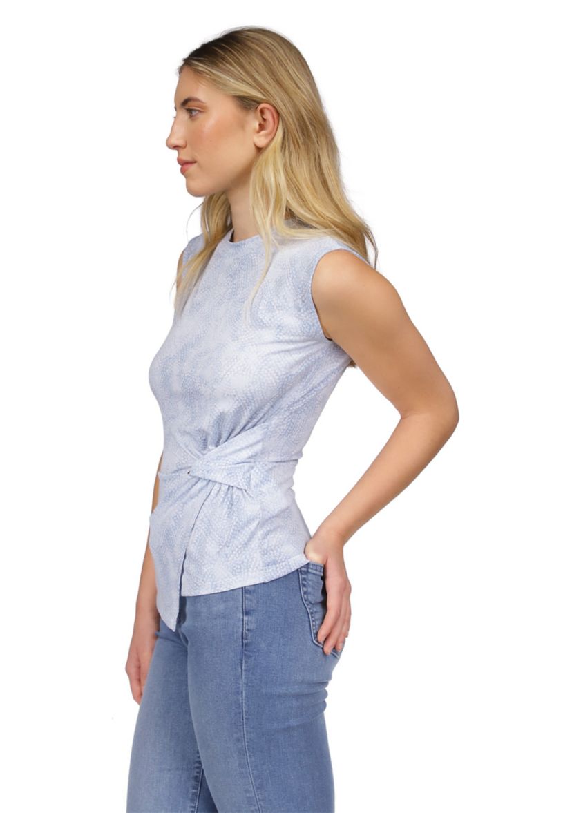 Womens Cap Sleeve Geometric Print Side Ruch Knit Top