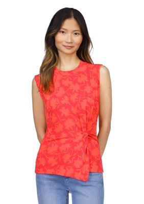 MICHAEL Michael Kors Women's Sleeveless Floral Side Ruched Knit Top, Pink, Medium -  0196237673145