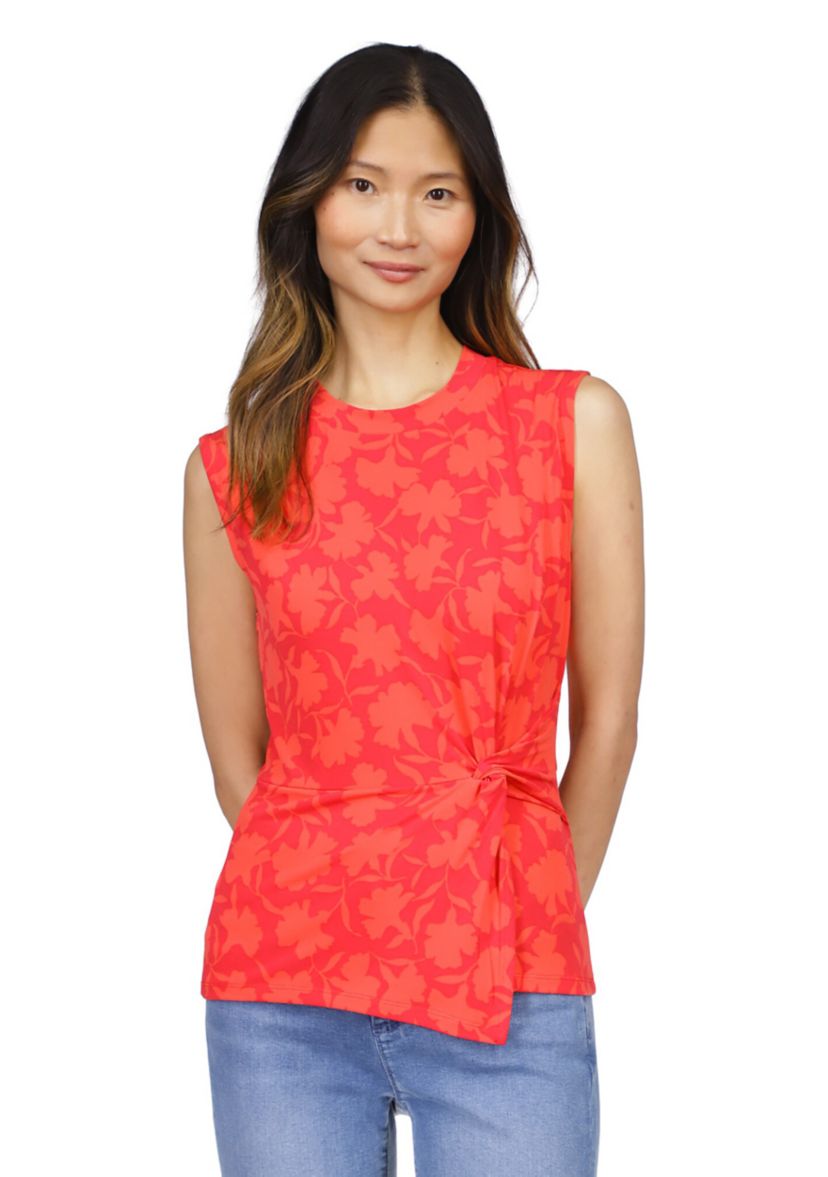 Womens Sleeveless Floral Side Ruched Knit Top