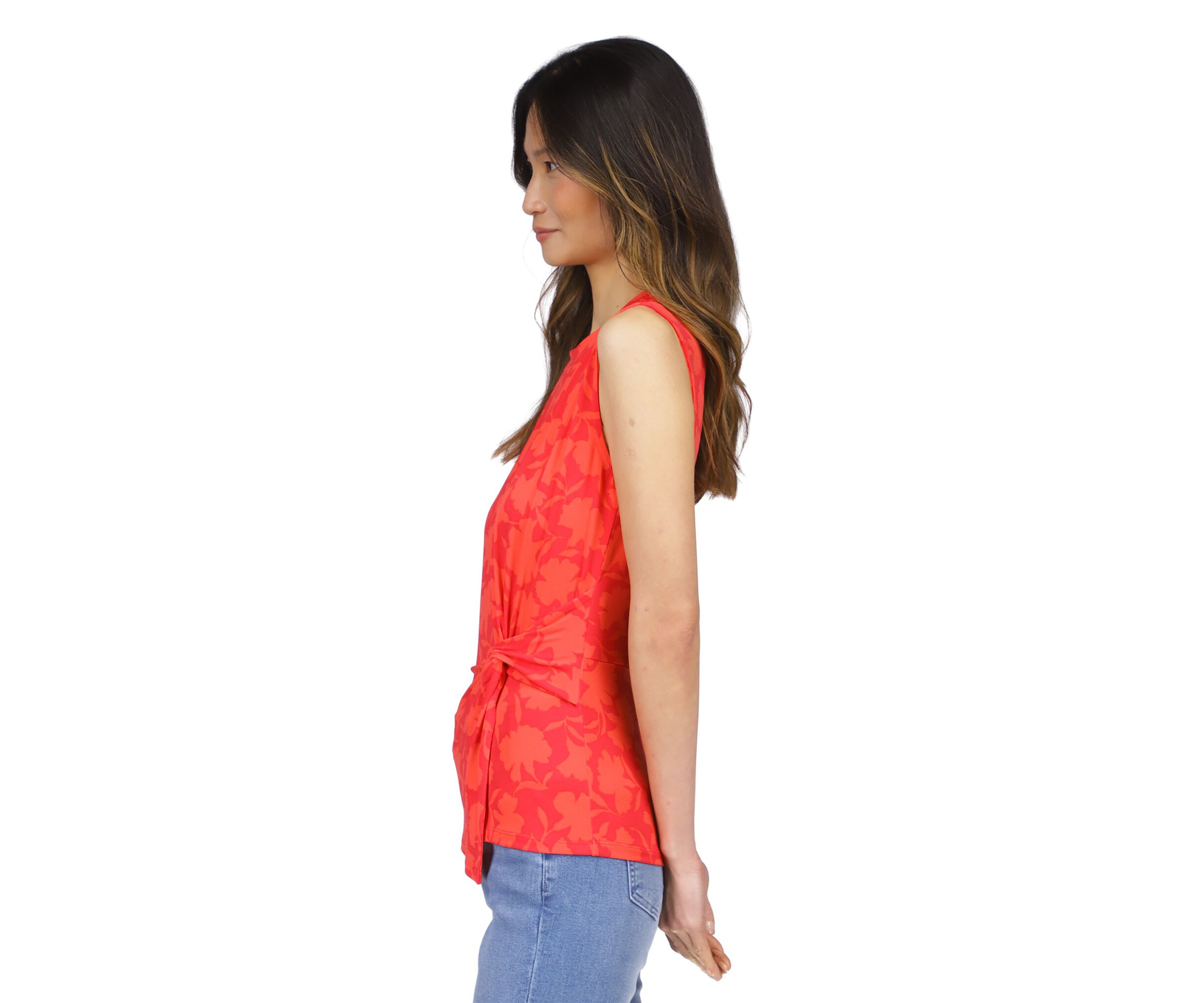 Womens Sleeveless Floral Side Ruched Knit Top