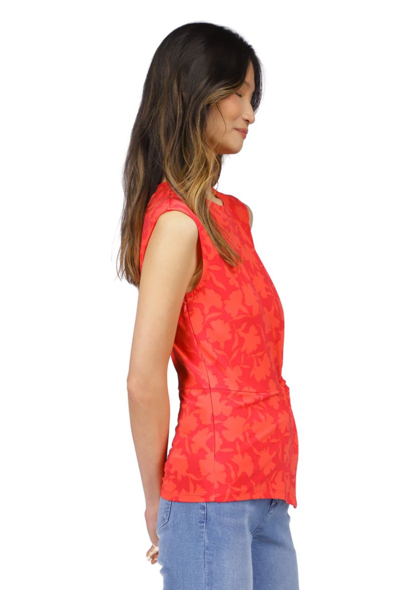 Womens Sleeveless Floral Side Ruched Knit Top