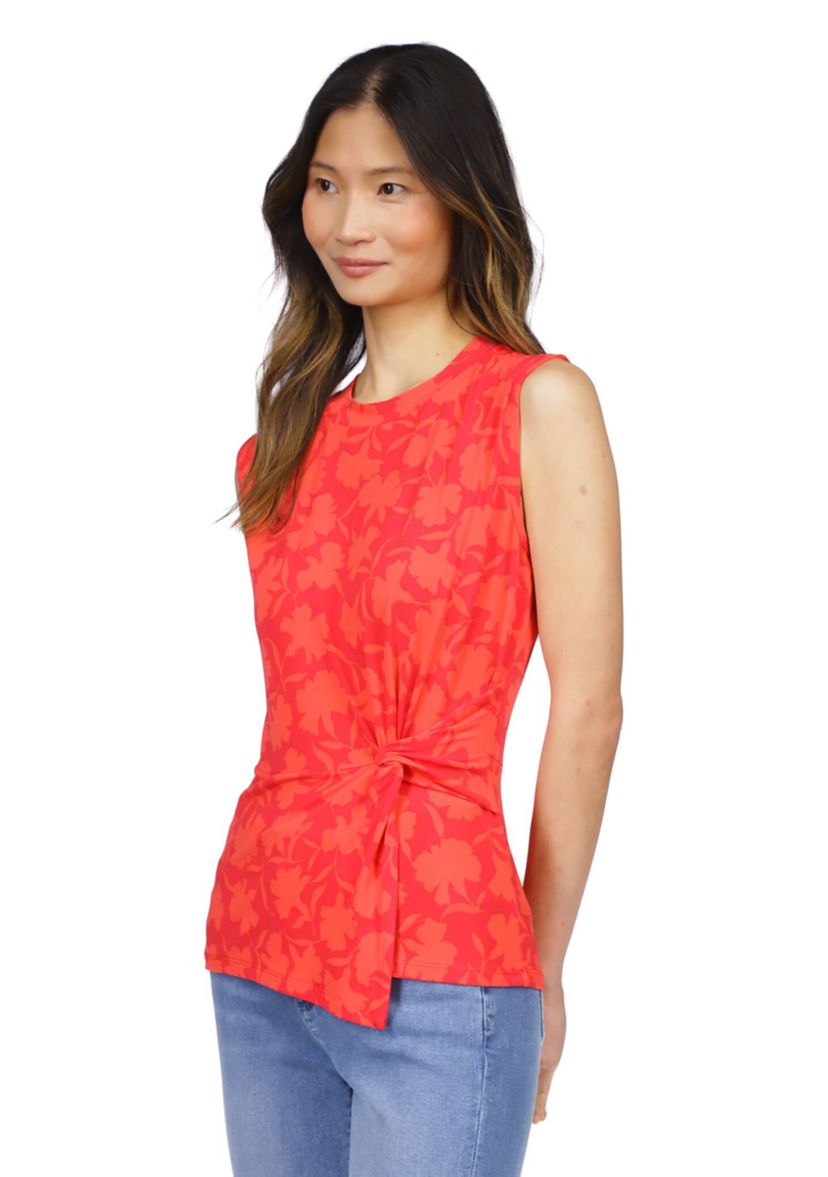 Womens Sleeveless Floral Side Ruched Knit Top