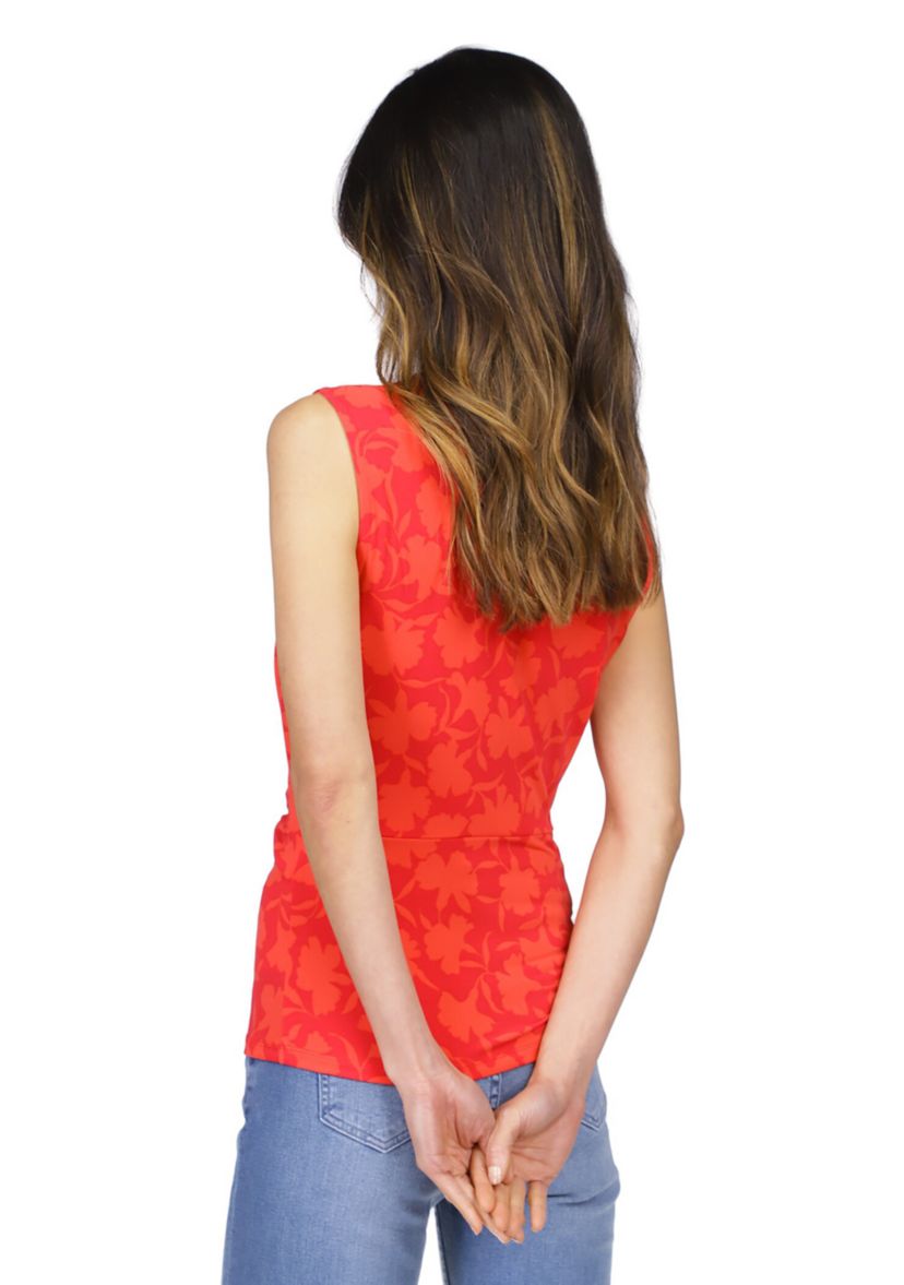 Womens Sleeveless Floral Side Ruched Knit Top