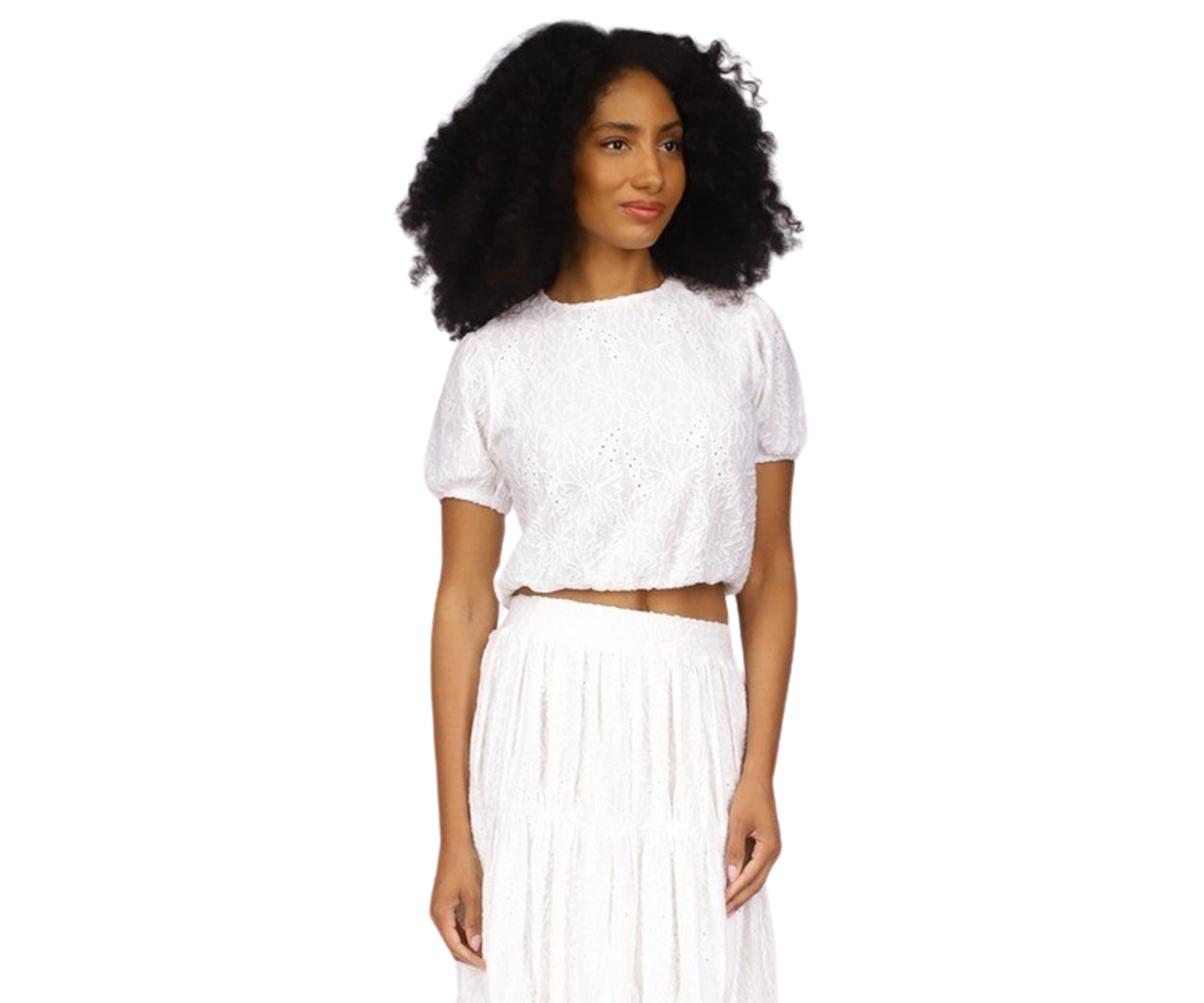 Womens Puff Sleeve Eyelet Knit Top