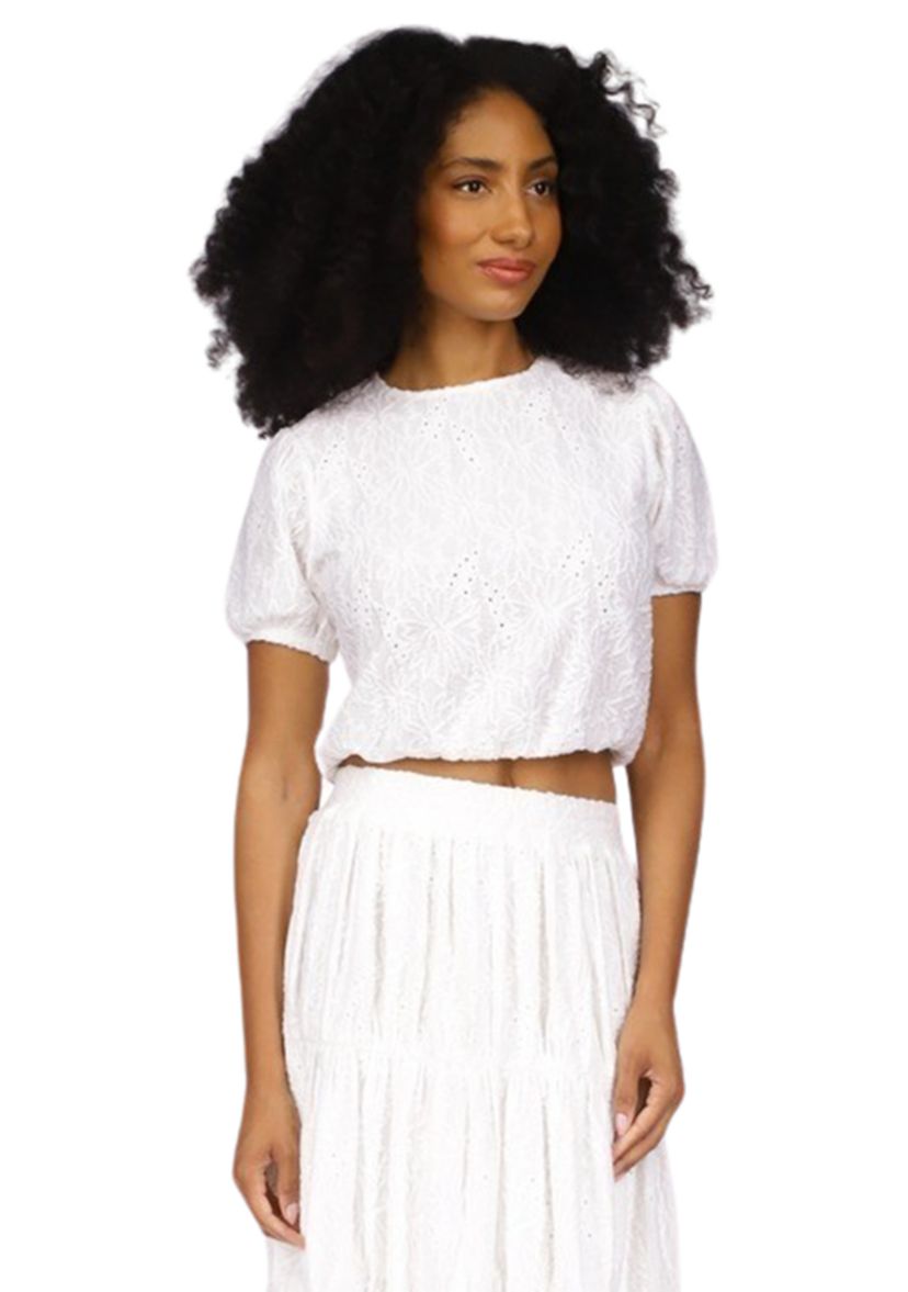 Womens Puff Sleeve Eyelet Knit Top