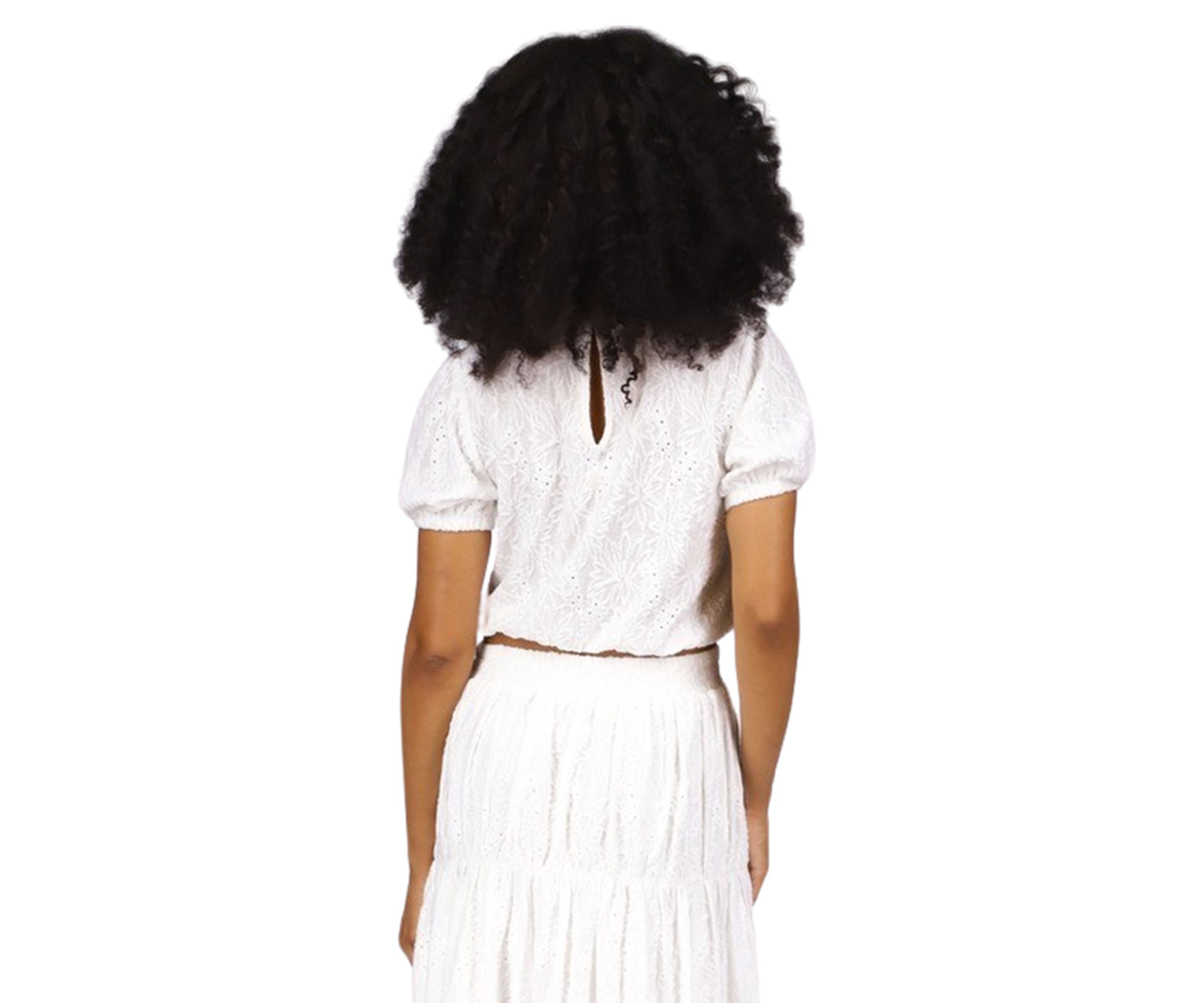 Womens Puff Sleeve Eyelet Knit Top