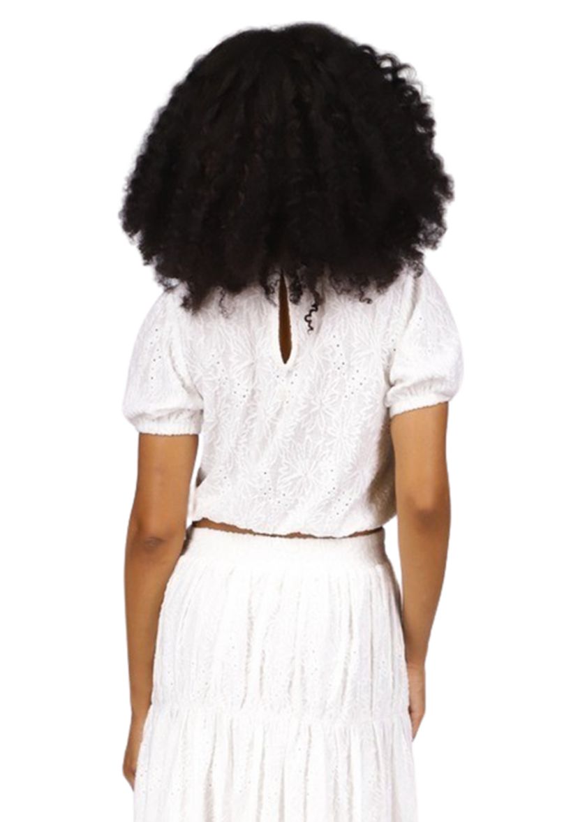 Womens Puff Sleeve Eyelet Knit Top