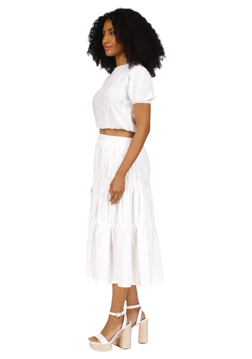 Womens Puff Sleeve Eyelet Knit Top