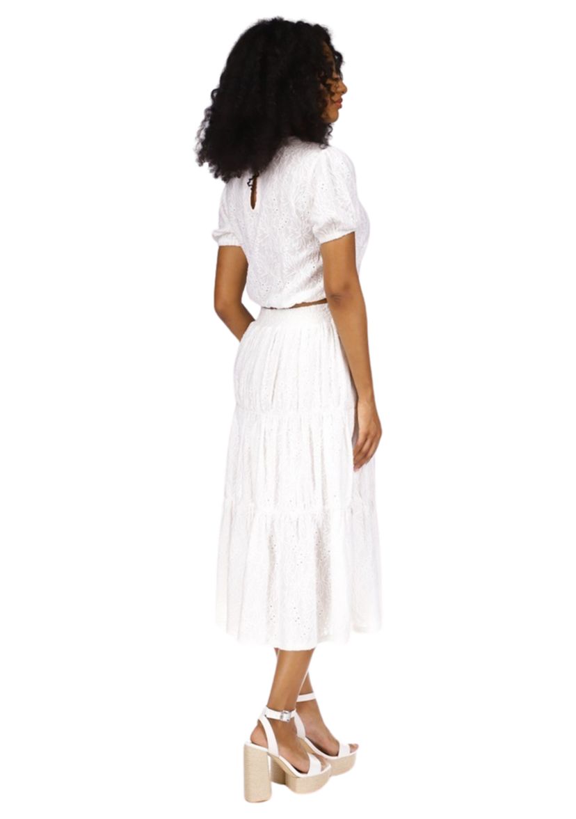 Womens Puff Sleeve Eyelet Knit Top