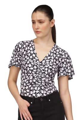 MICHAEL Michael Kors Women's Short Sleeve V-Neck Floral Print Ruched Top, Medium -  0196237676900