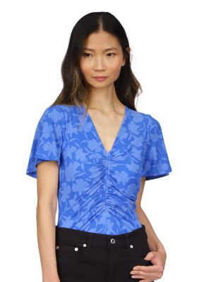 MICHAEL Michael Kors Women's Short Sleeve V-Neck Floral Print Ruched Knit Top, Medium -  0196237676986