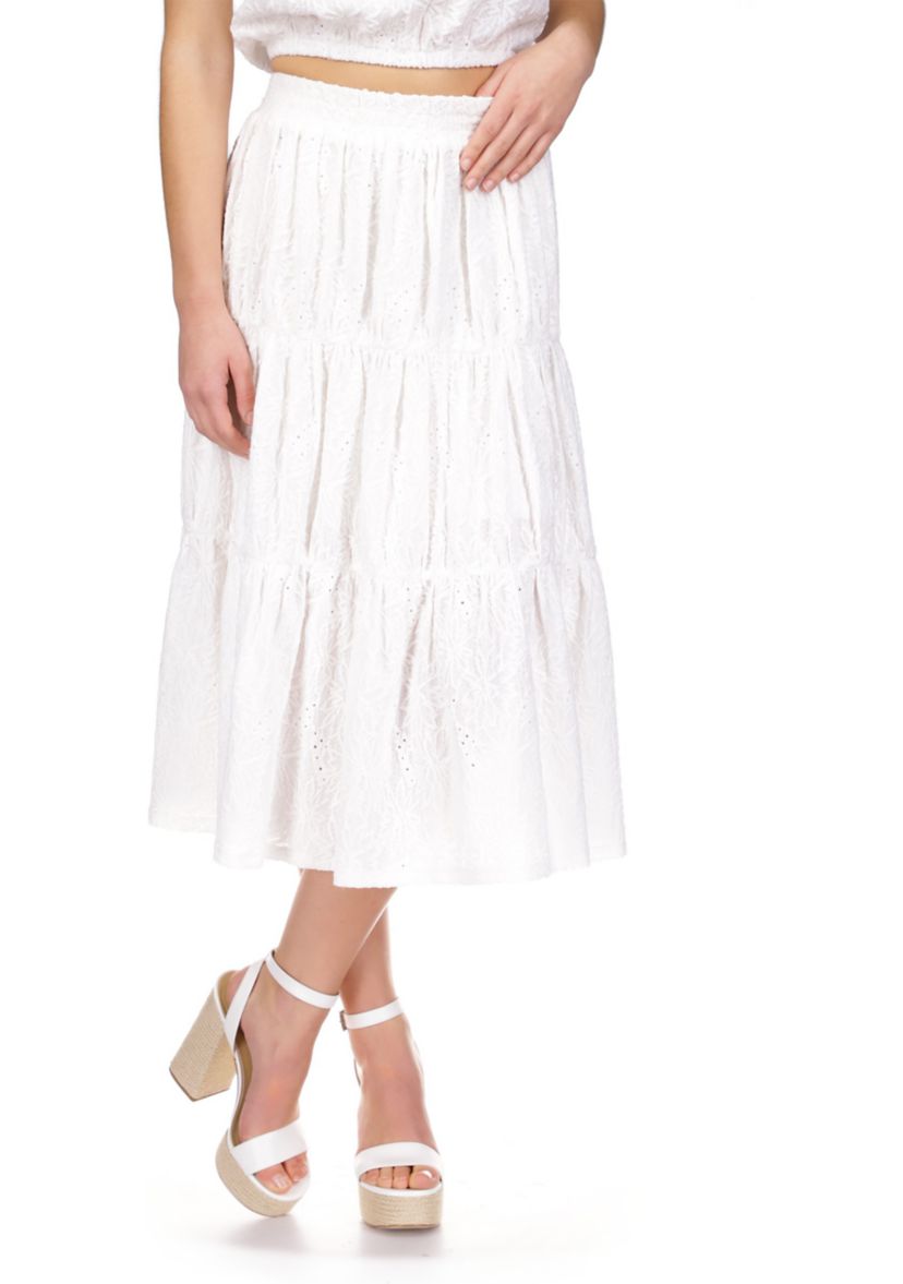 Womens Tiered Eyelet Midi Skirt