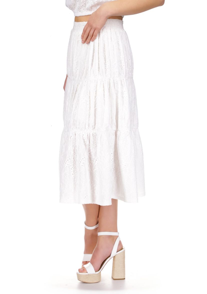 Womens Tiered Eyelet Midi Skirt