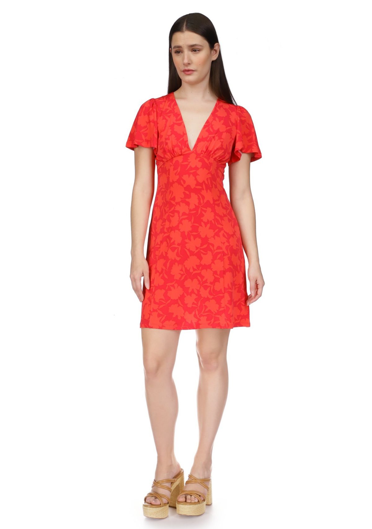 Womens V-Neck Flutter Sleeve Dress