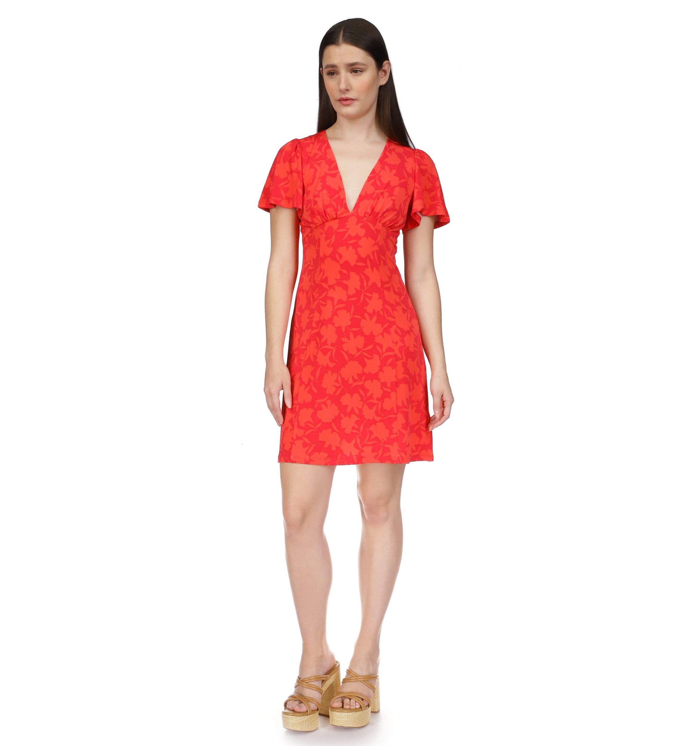 Womens V-Neck Flutter Sleeve Dress