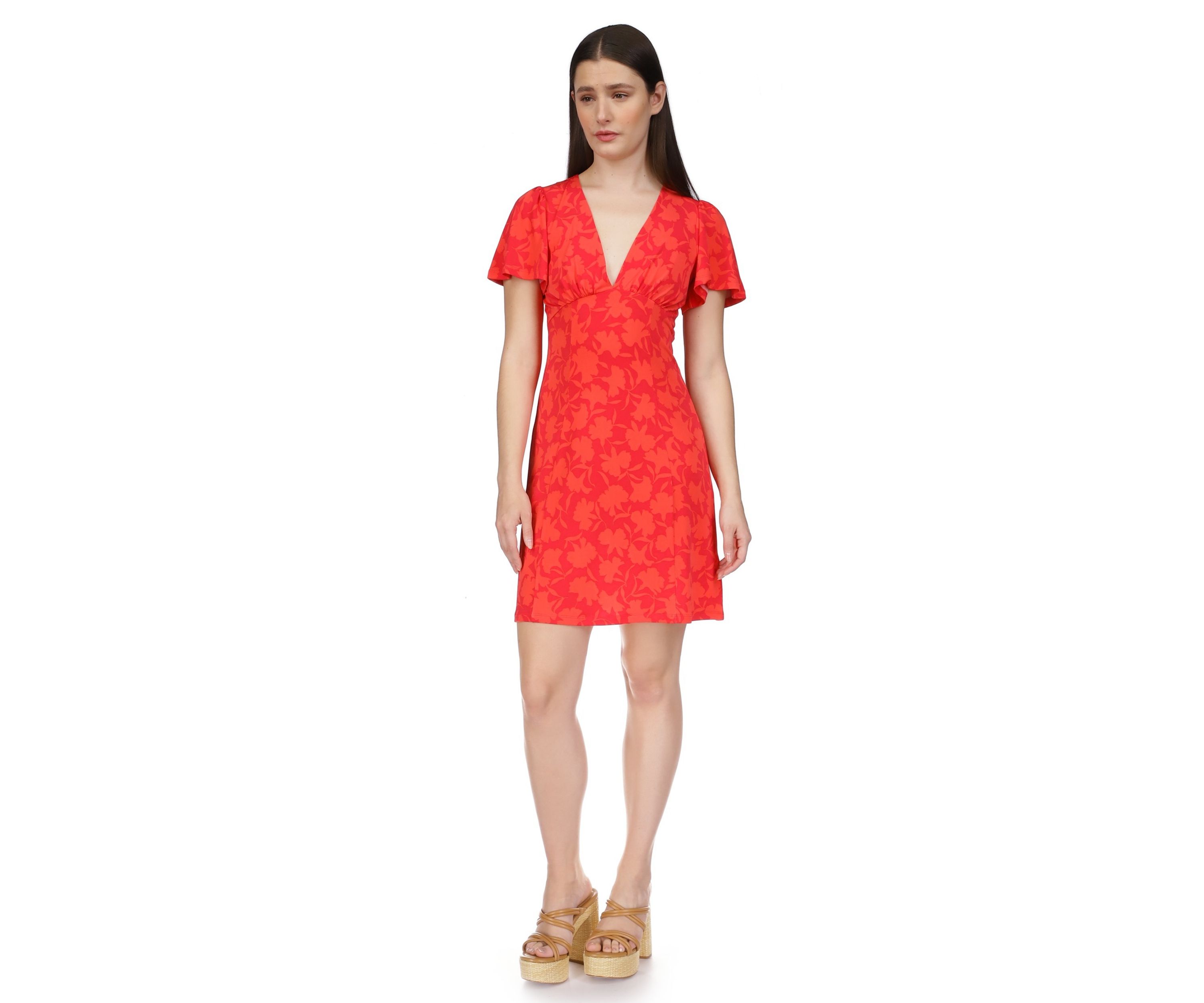 Womens V-Neck Flutter Sleeve Dress