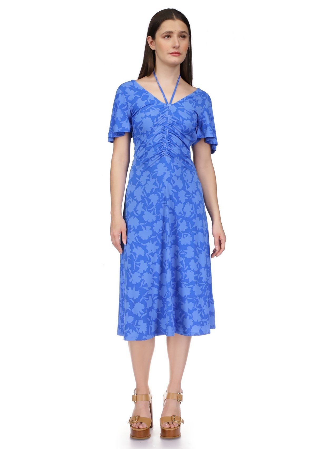 Womens Flutter Sleeve Tie Neck Ruched Floral Midi Dress