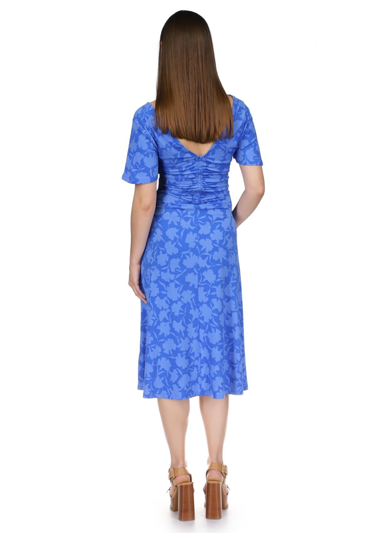Womens Flutter Sleeve Tie Neck Ruched Floral Midi Dress