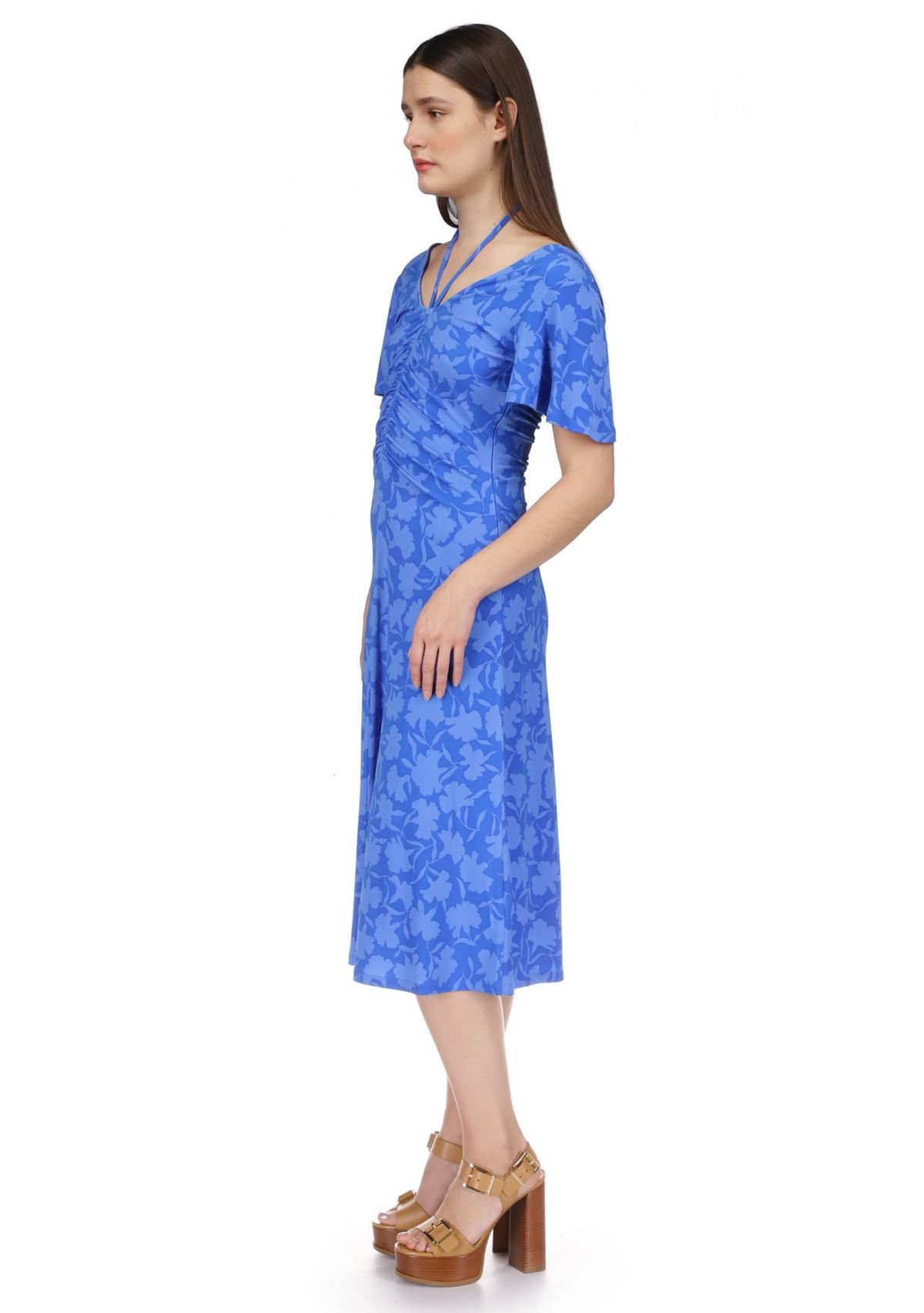 Womens Flutter Sleeve Tie Neck Ruched Floral Midi Dress
