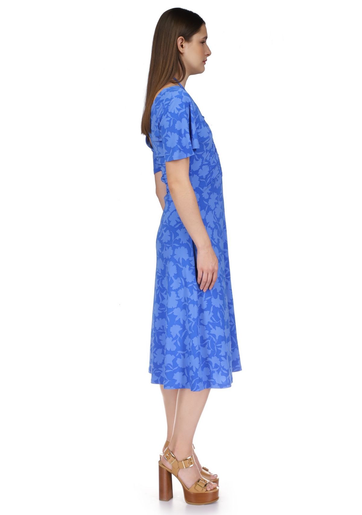 Womens Flutter Sleeve Tie Neck Ruched Floral Midi Dress