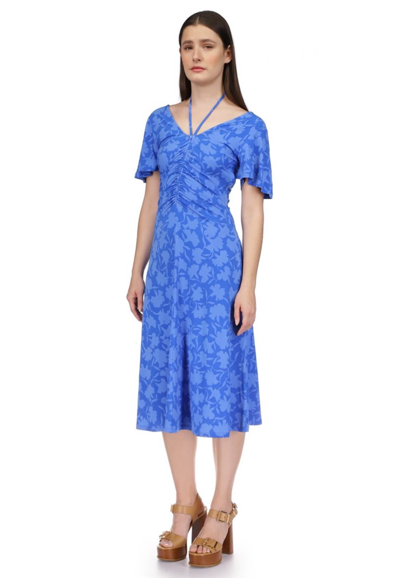 Womens Flutter Sleeve Tie Neck Ruched Floral Midi Dress