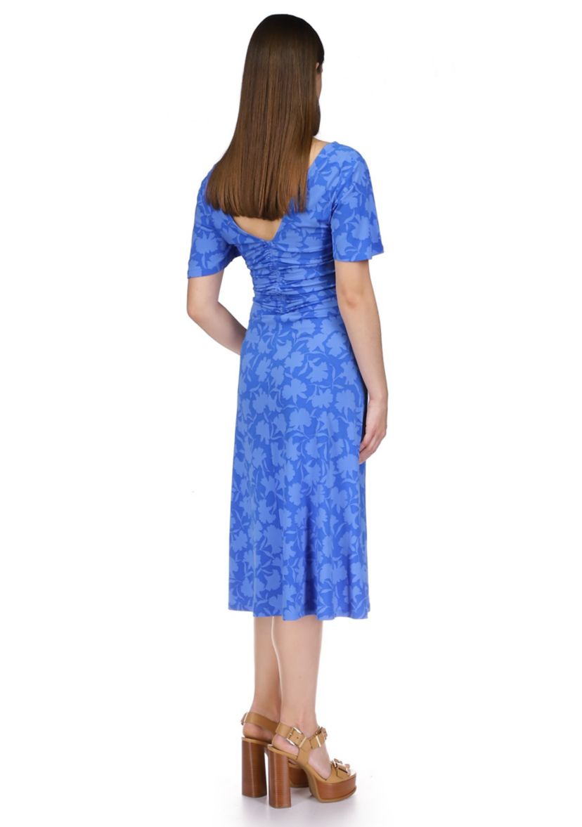 Womens Flutter Sleeve Tie Neck Ruched Floral Midi Dress