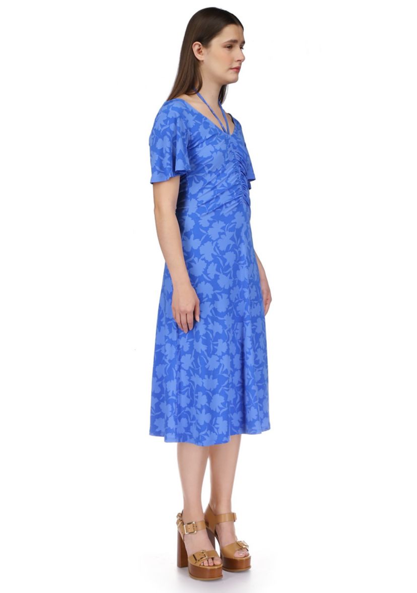 Womens Flutter Sleeve Tie Neck Ruched Floral Midi Dress