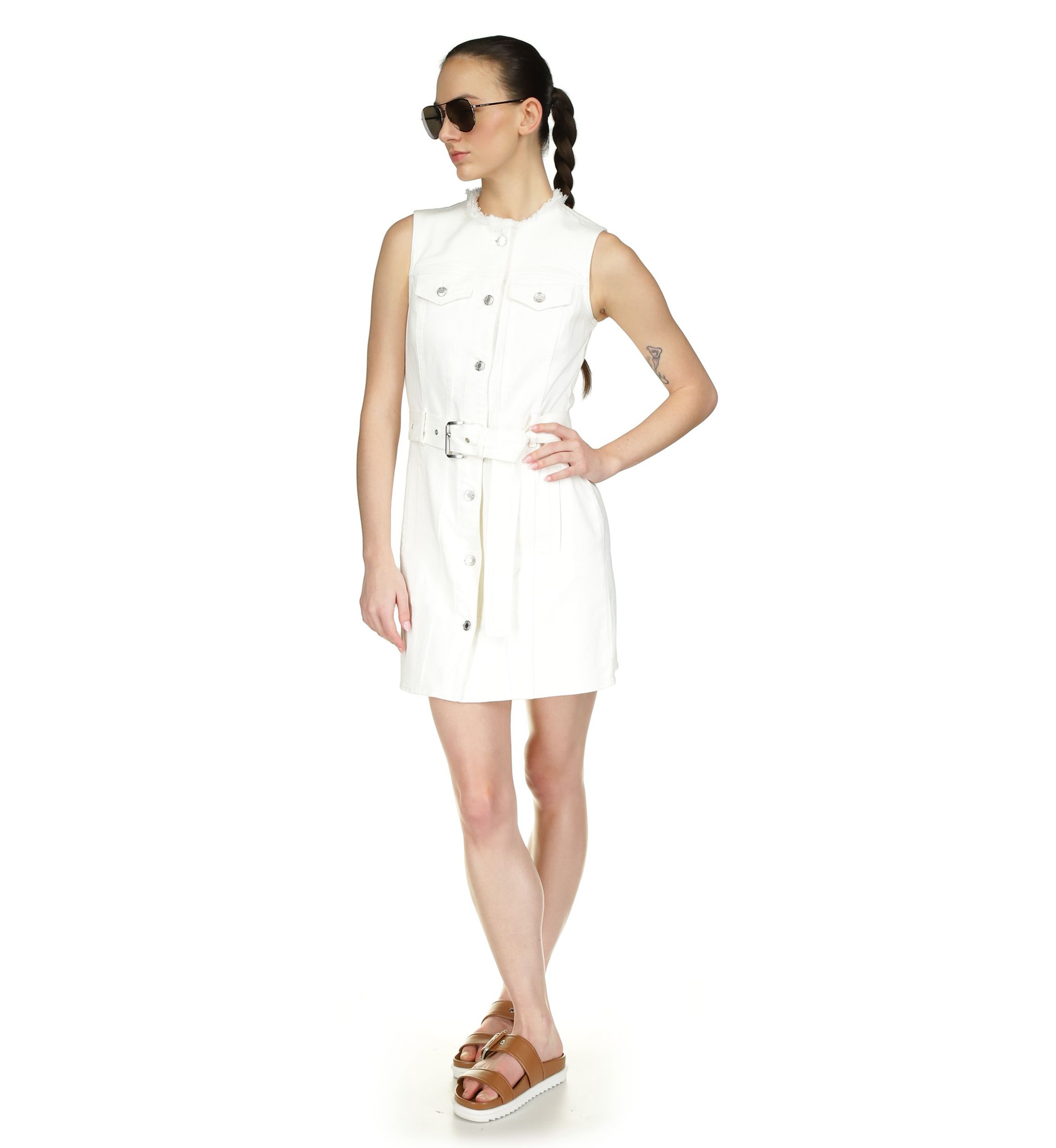 Womens Frayed Sleeveless Denim Dress