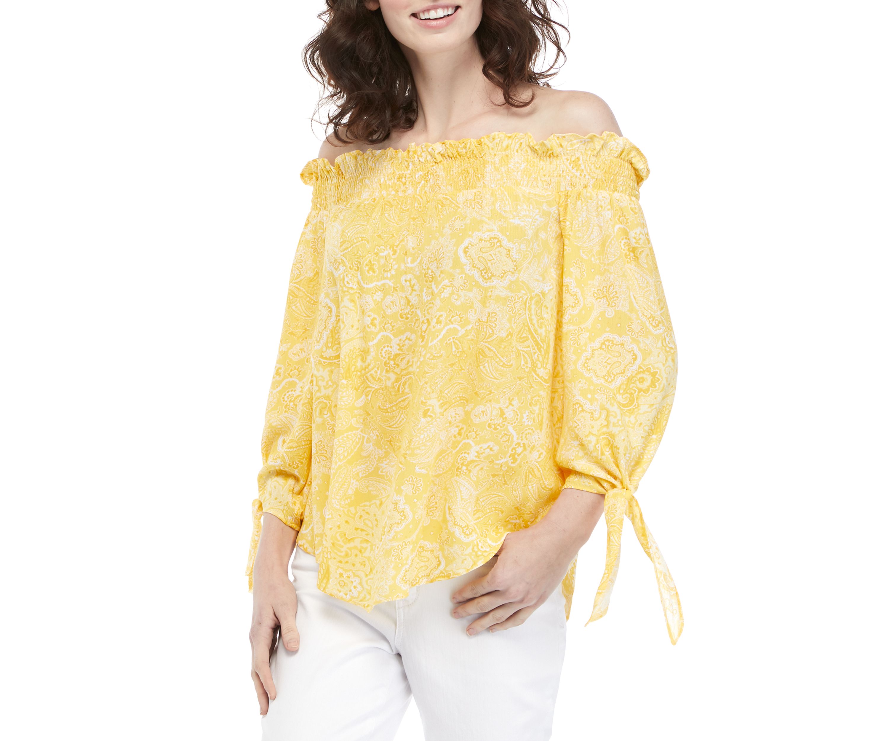 Womens Off the Shoulder Tie Sleeve Paisley Top