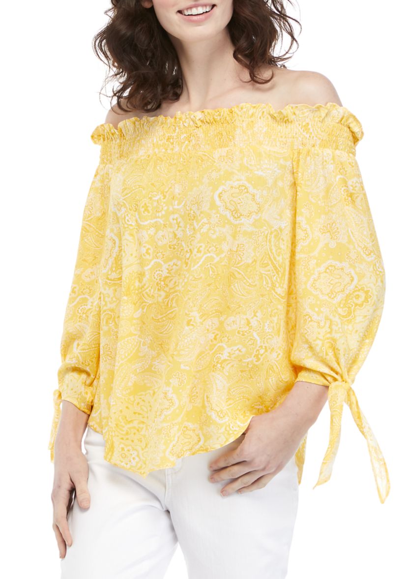 Womens Off the Shoulder Tie Sleeve Paisley Top