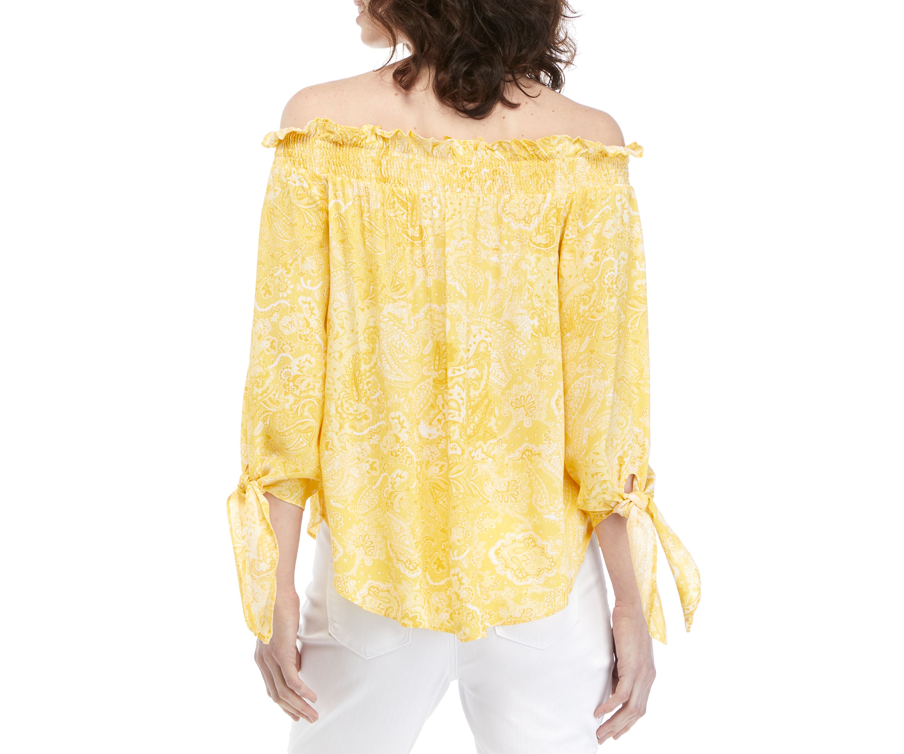 Womens Off the Shoulder Tie Sleeve Paisley Top