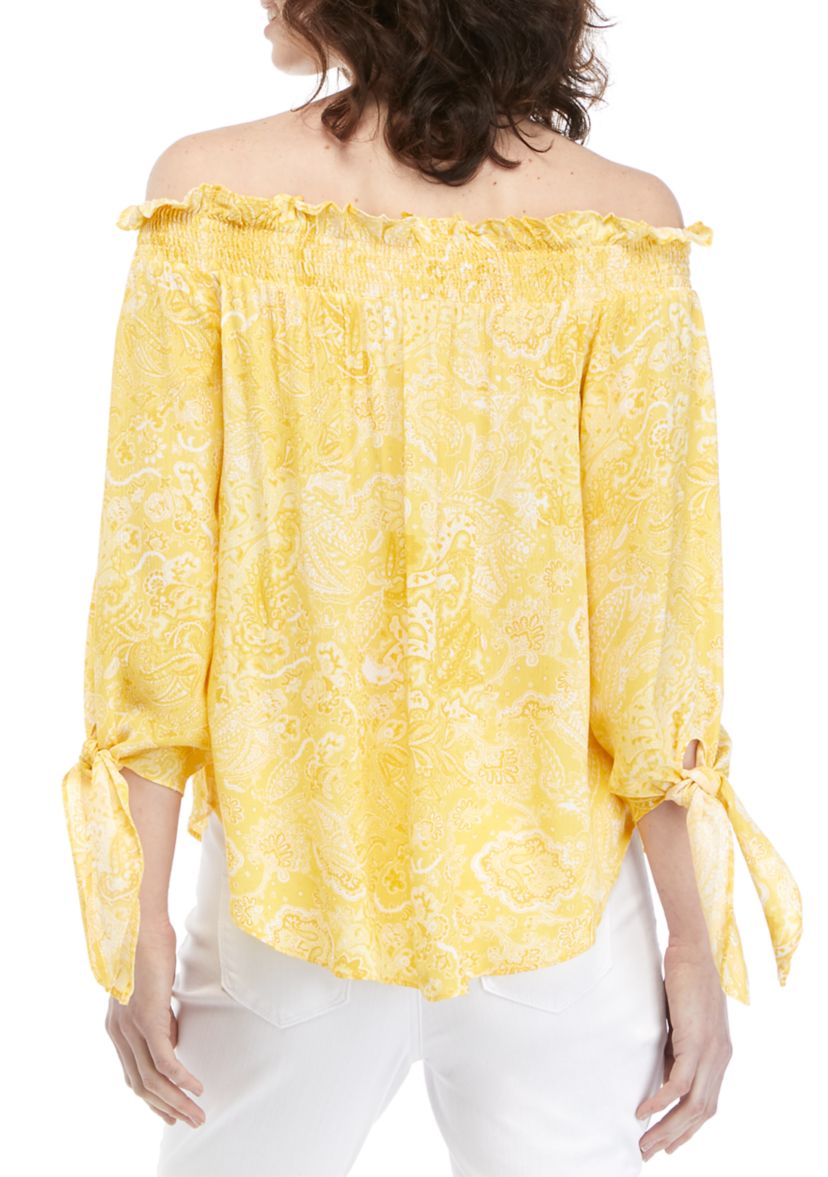 Womens Off the Shoulder Tie Sleeve Paisley Top