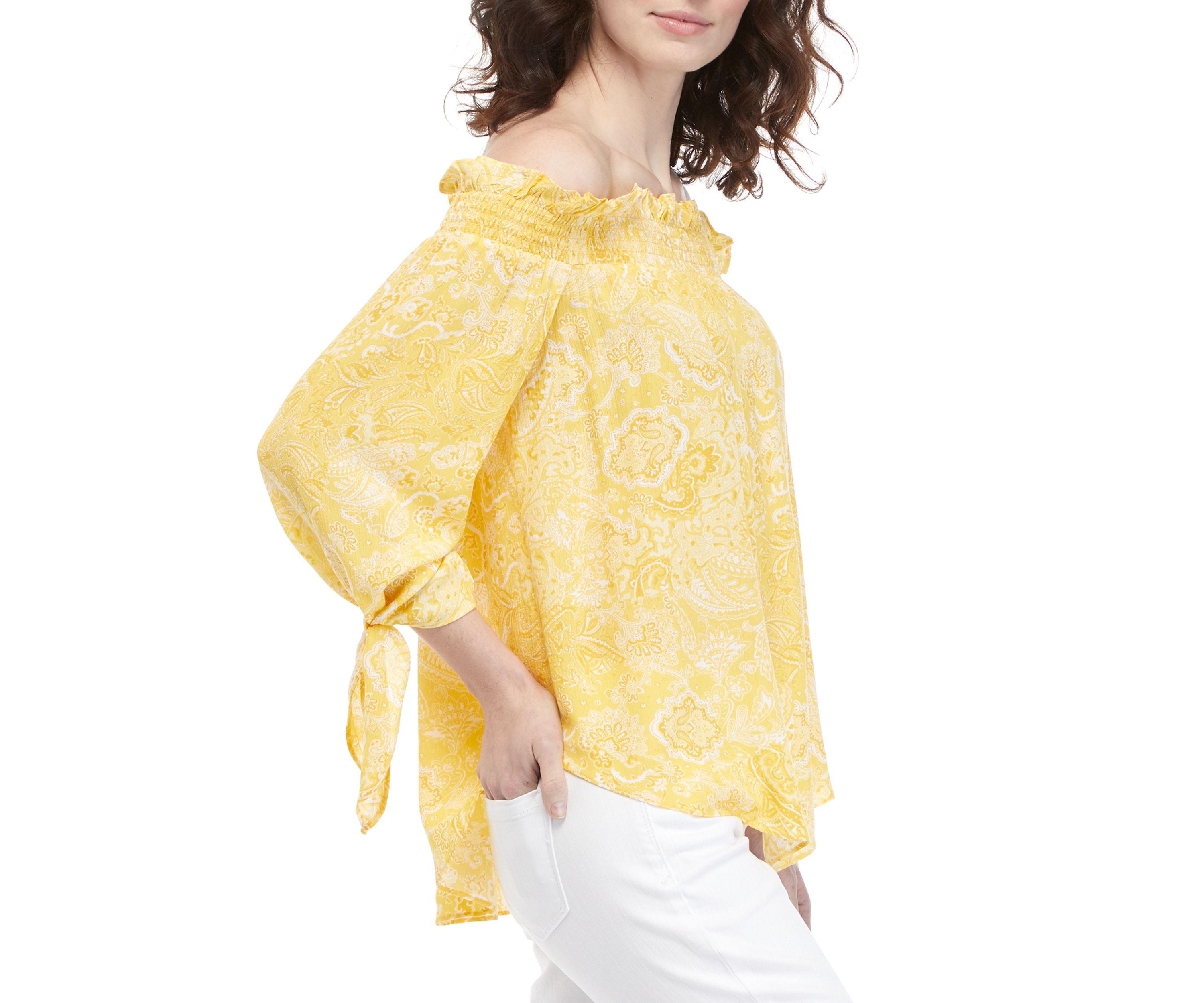 Womens Off the Shoulder Tie Sleeve Paisley Top