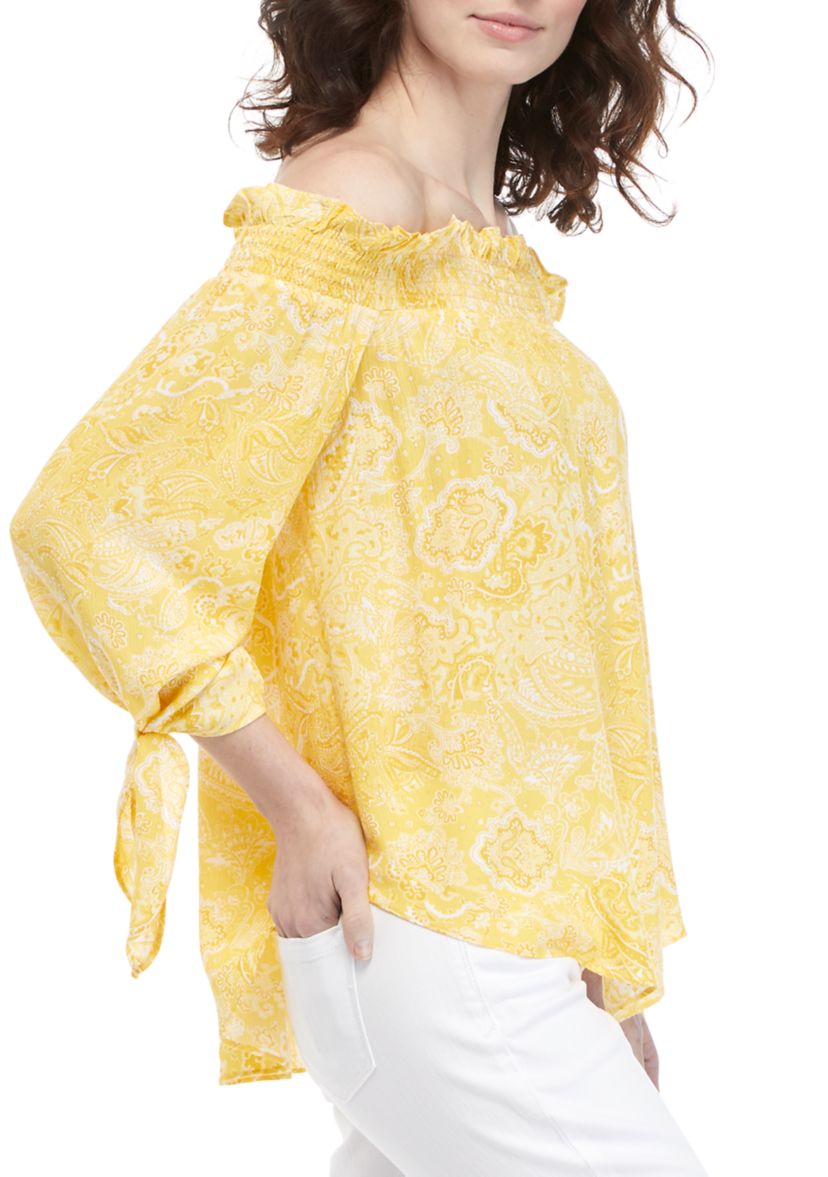Womens Off the Shoulder Tie Sleeve Paisley Top