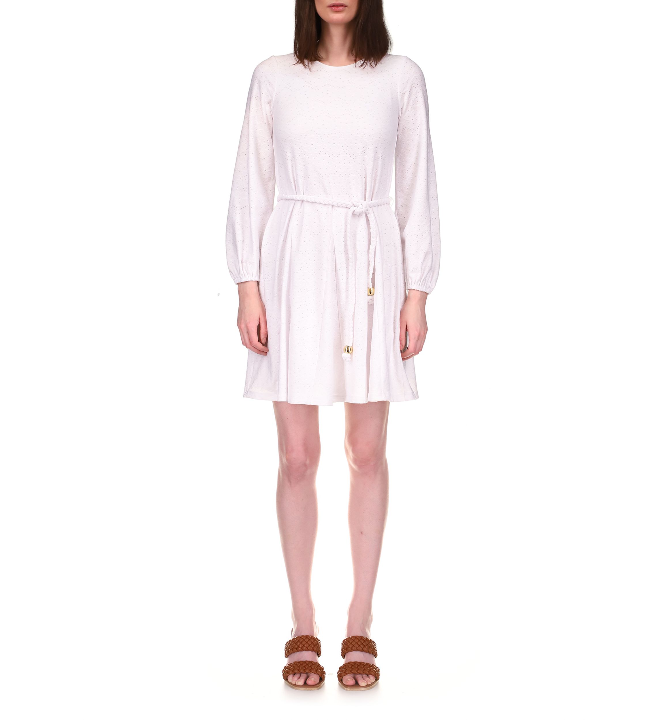 Womens Long Sleeve Eyelet Dress with Belt